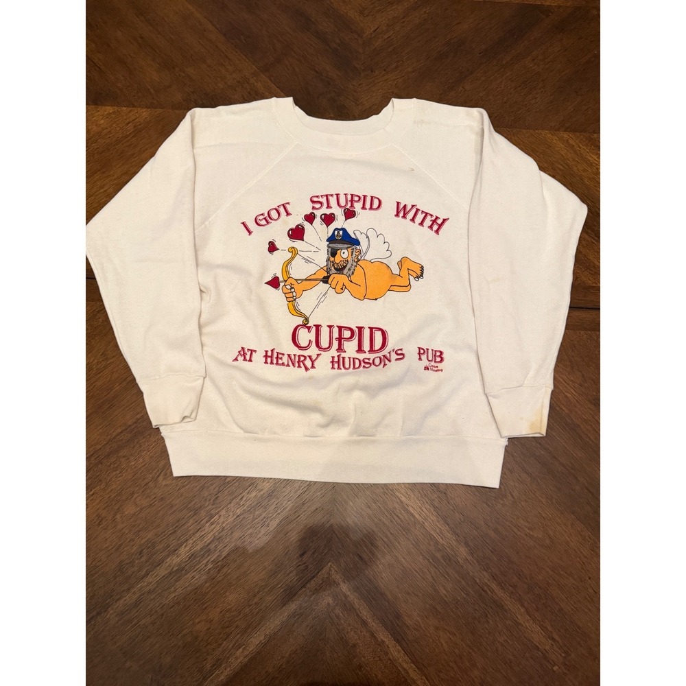 Vintage 1991 Henry Hudsons Pub Valentines Day Sweatshirt White Large OKC Cupid‎